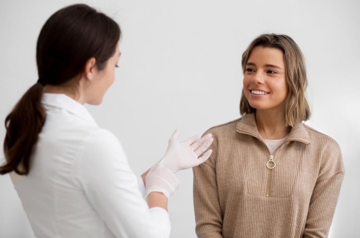 Doctor and patient conversation before cosmetic procedure